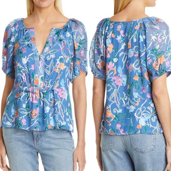 Tanya Taylor | Silk Blue Floral Puff Sleeve Top NWOT Sz 20 - Picture 2 of 8